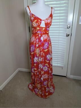 Women's Free People Sundress Orange Floral Maxi Large Pre-owned Excellent Boho